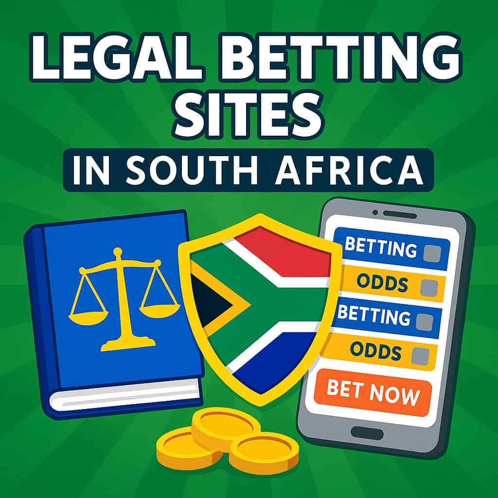 A vibrant digital illustration representing legal betting sites in South Africa, showing a secure betting platform, trusted logos, and South African money elements.