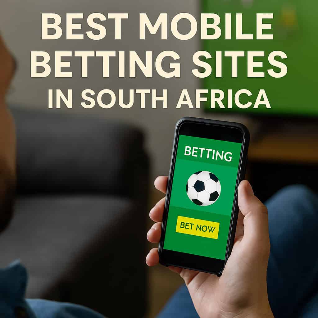 South African man using a smartphone to place a bet on a mobile sports betting app, with odds and match info displayed on screen. Best mobile betting sites in south africa
