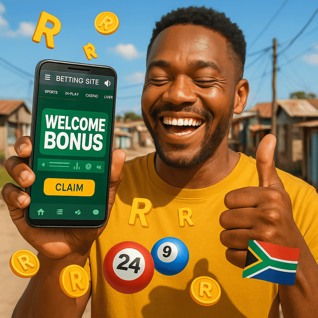 South African man using a smartphone to claim a welcome bonus betting online