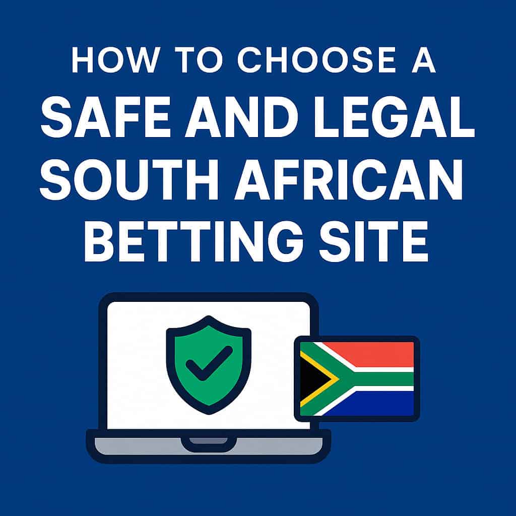 Featured image showing how to choose a safe and legal South African betting site, with laptop, shield icon, and South African flag on a blue background.