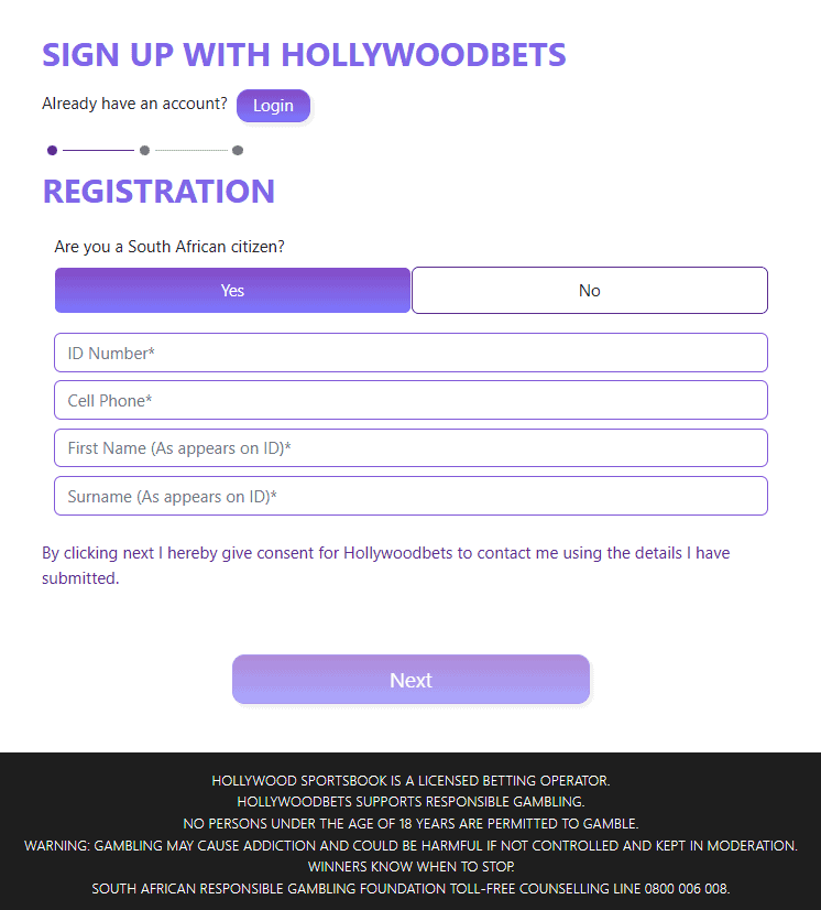 Hollywoodbets South Africa signup form showing ID, contact, and citizenship fields with licence notice at the bottom