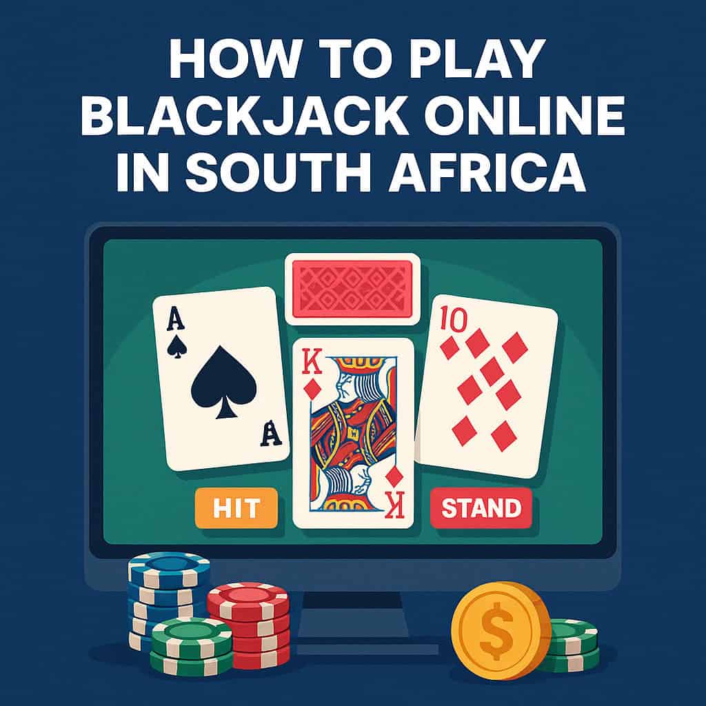 Illustration showing how to play blackjack online in South Africa with cards, dealer, and betting chips on a digital table