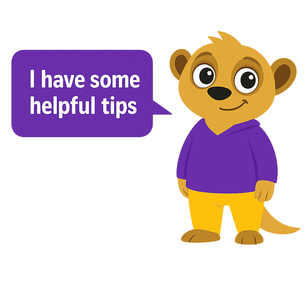 Lucky the Meerkat smiling and saying 'I have some helpful tips'