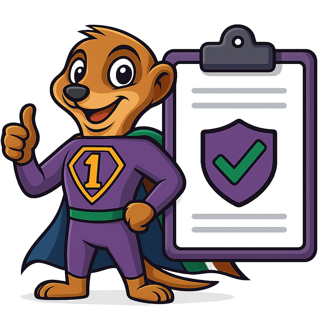 Lucky the meerkat giving a thumbs up in front of a checklist icon, representing trust and verified legal betting sites in South Africa Legal Betting Guides