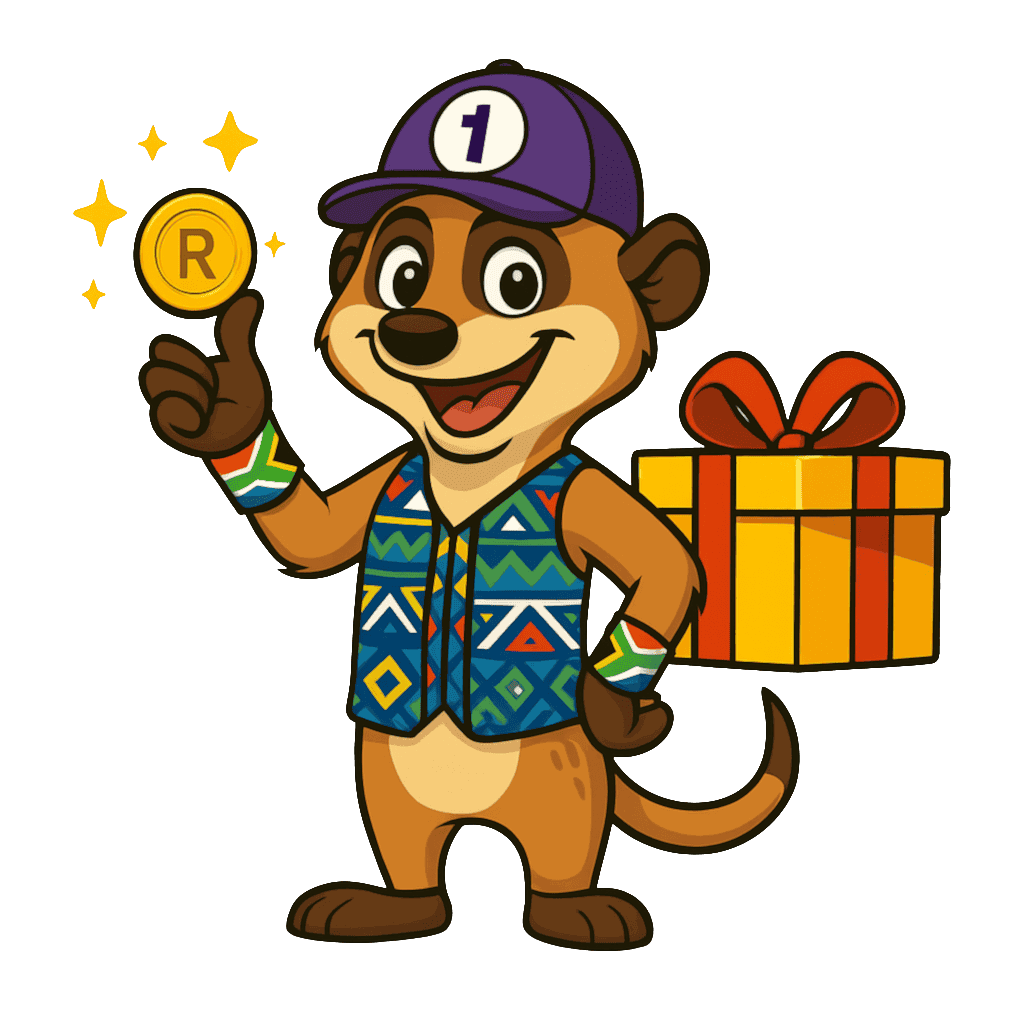 Lucky the meerkat holding a coin and gift box, representing betting promotions South Africa