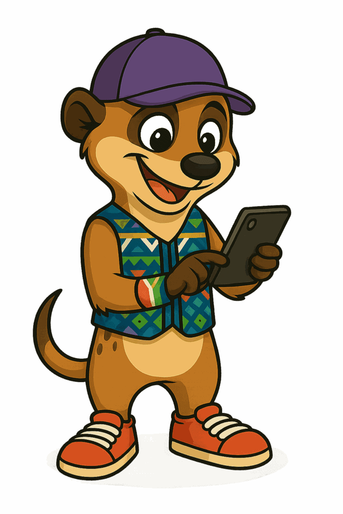 Lucky the Meercat looking at a smartphone