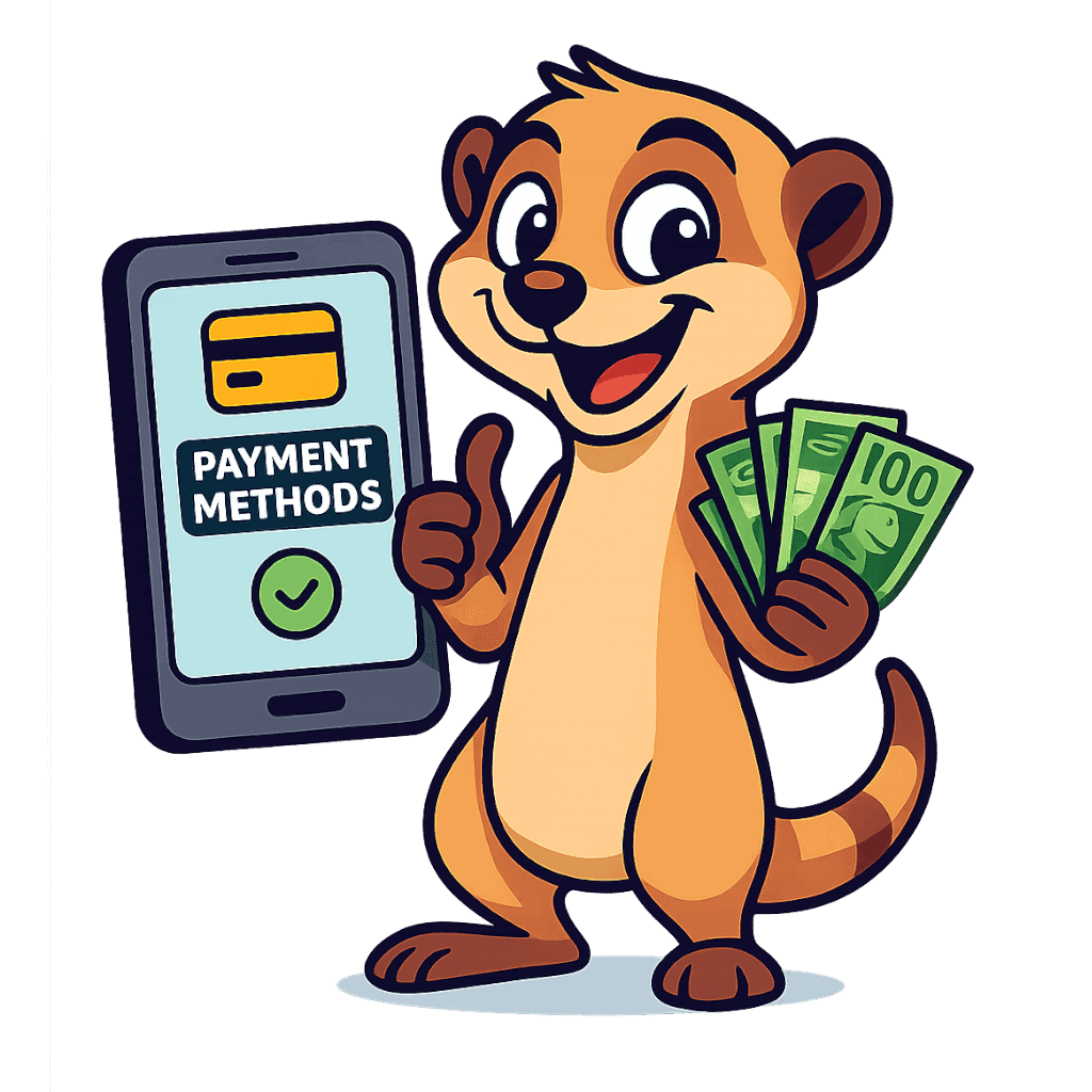 Lucky the Meerkat holding cash bills with a mobile phone behind him with the words betting payment methods on the screen