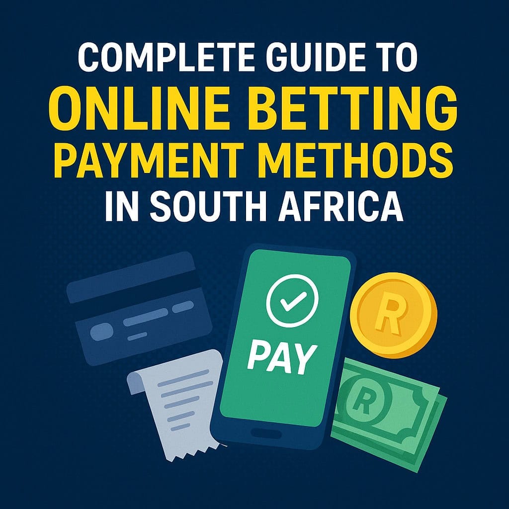 Illustration showing various online betting payment methods south africa including a smartphone with a “Pay” button, credit card, receipt, South African Rand coin, and cash, representing financial options for South African bettors.