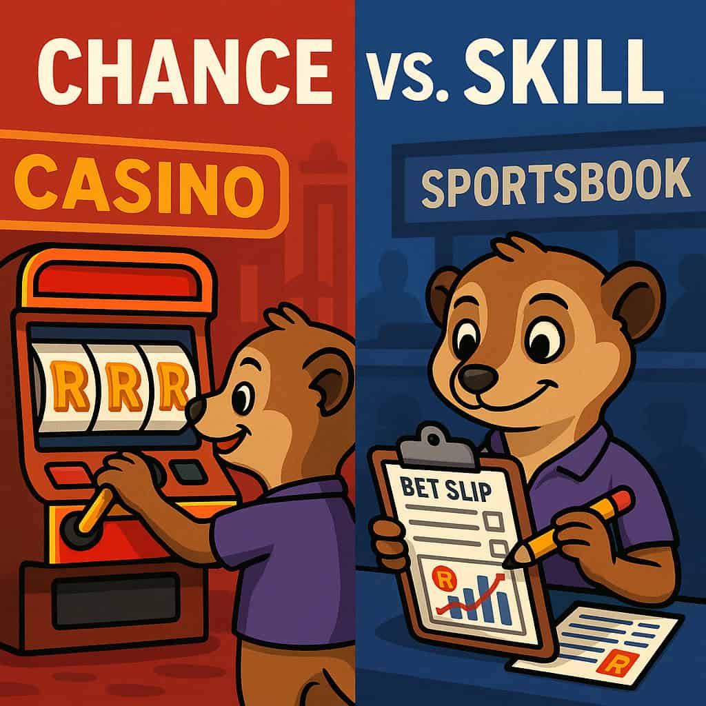 Lucky the Meerkat illustrates the concept of chance vs skill in casino games, shown playing a slot machine on one side and analyzing a betting slip on the other.