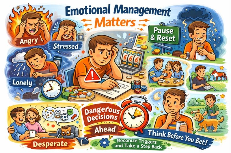 what is responsible gambling illustration showing emotional triggers like stress, anger, and loneliness and choosing not to gamble