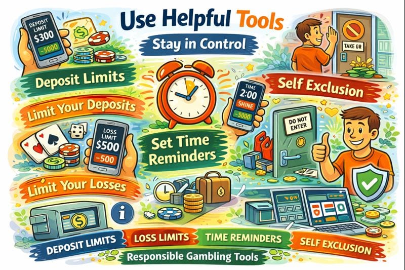 what is responsible gambling illustration showing deposit limits, loss limits, time reminders, and self exclusion tools