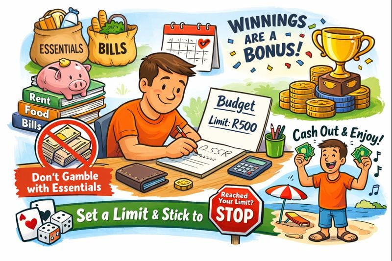 what is responsible gambling illustration showing setting a betting budget, protecting essentials, and stopping at a fixed limit