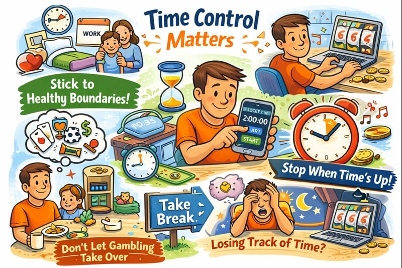 what is responsible gambling illustration showing time limits, taking breaks, and balancing betting with work, family, and sleep