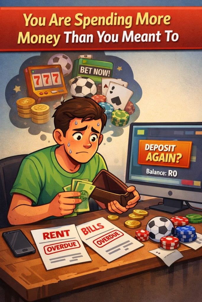 Illustration of a stressed man holding an empty wallet while looking at a betting screen showing a zero balance, with overdue bills and betting chips on the table, representing spending more money than planned.