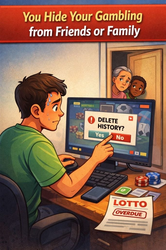 Illustration of a worried man deleting betting history on his computer while family members look on from a doorway, showing secrecy and hiding gambling activity from loved ones.