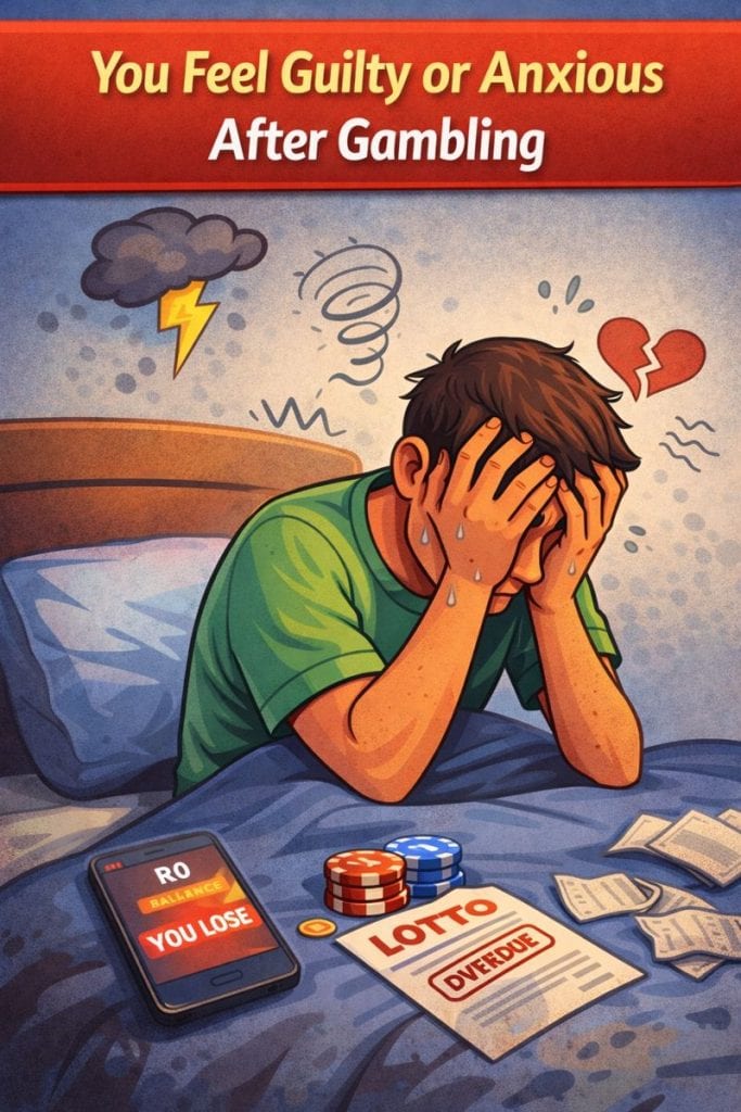 Illustration of a distressed man sitting on a bed with his head in his hands, showing anxiety and guilt after gambling, with a phone displaying a zero balance and unpaid bills nearby.
