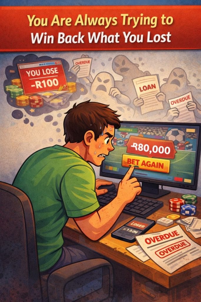 Illustration of a tense man repeatedly pressing a bet again button on a betting screen after losses, surrounded by overdue notices and financial warnings, representing chasing losses and trying to win back money.