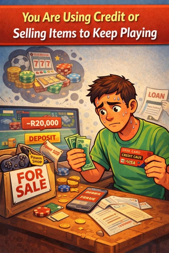 Illustration of a worried man holding cash and a credit card at a desk with a betting screen, loan papers, and items marked for sale, showing financial strain from using credit or selling belongings to continue gambling.