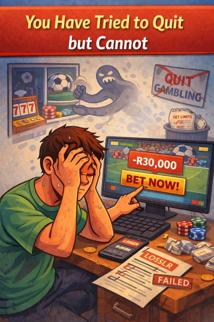 Illustration of a distressed man holding his head while reaching toward a betting screen after heavy losses, with reminders of failed attempts to quit, showing difficulty stopping gambling despite wanting to stop.