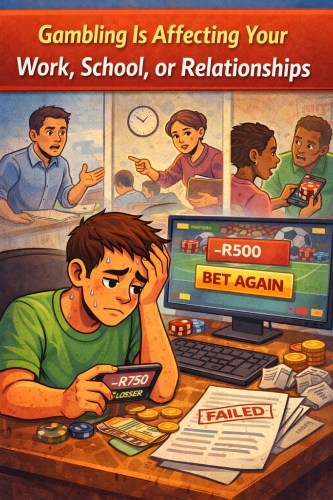 Illustration of a stressed man focused on a betting screen while scenes of conflict at work, school, and with loved ones appear behind him, showing gambling negatively affecting daily responsibilities and relationships.