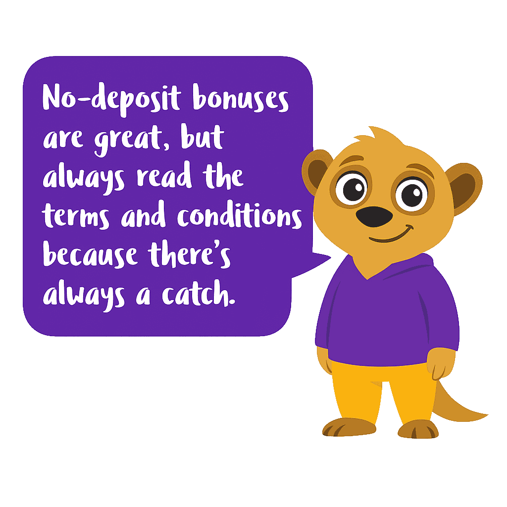 "Lucky the Meerkat wearing a purple hoodie and yellow pants, smiling next to a purple speech bubble that says 'No-deposit bonuses are great, but always read the terms and conditions because there’s always a catch.
