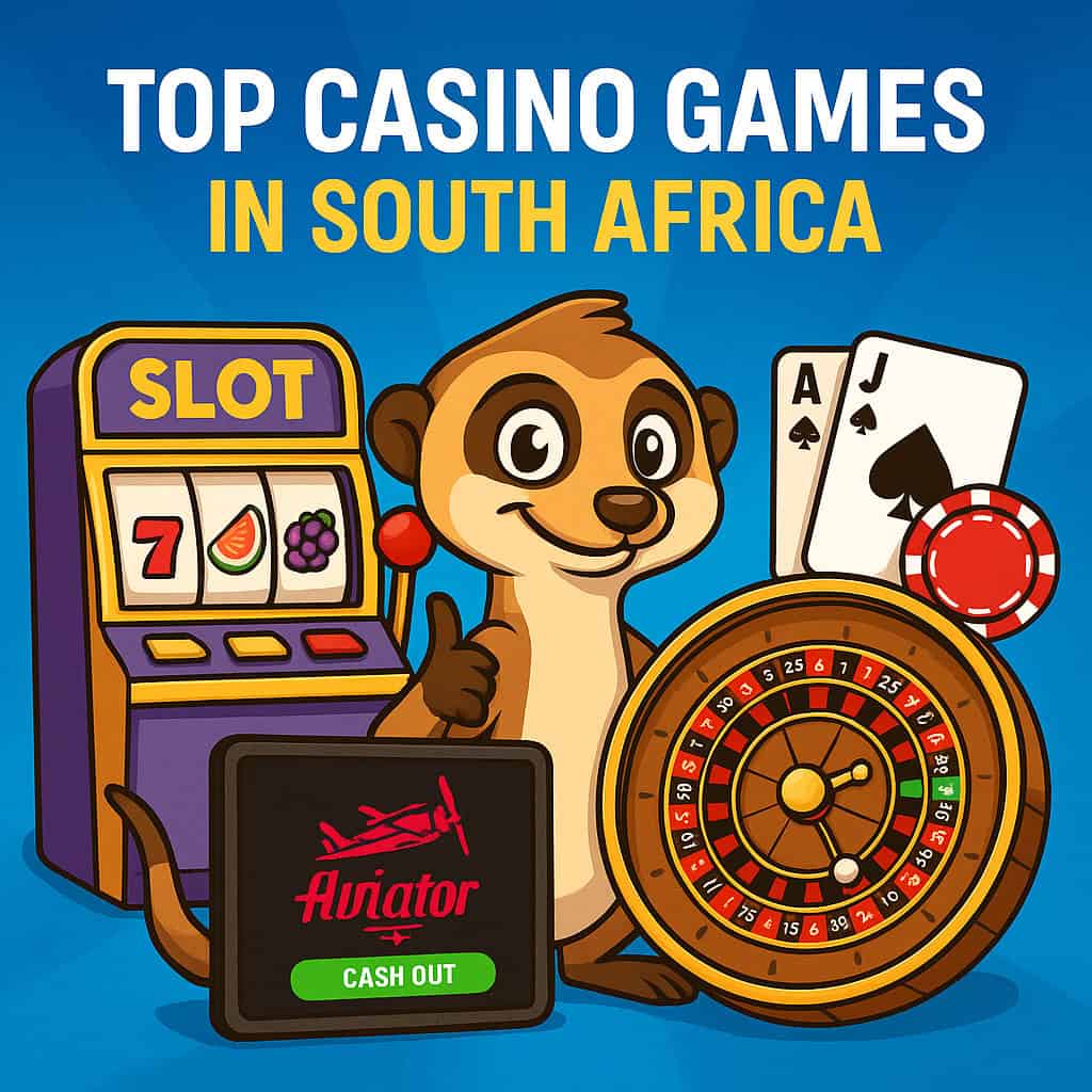 Top casino games in South Africa illustration featuring a meerkat mascot with a slot machine, roulette wheel, Aviator game screen, and blackjack cards