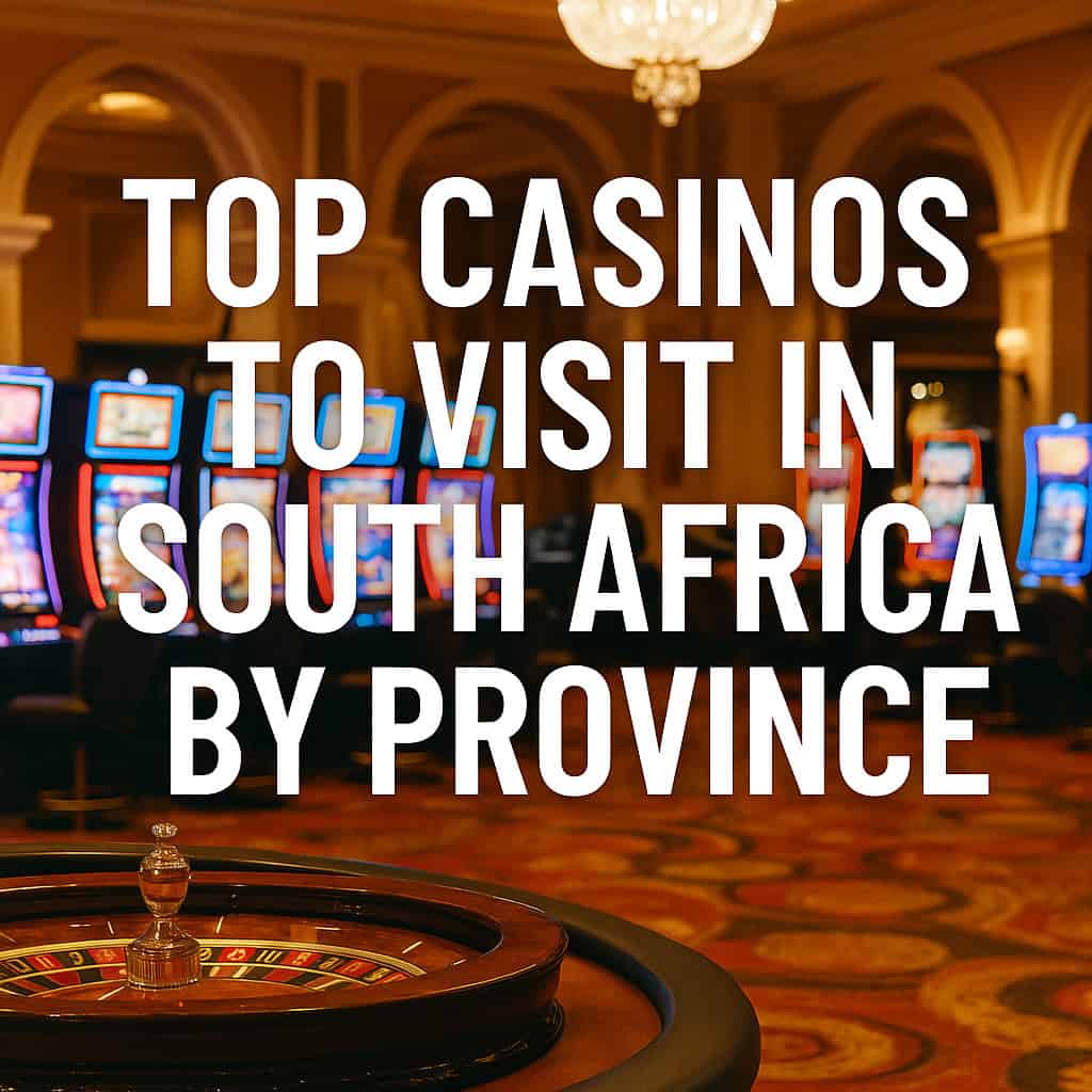 Interior of a South African casino with roulette table and slot machines – text reads "Top Casinos South Africa by Province"