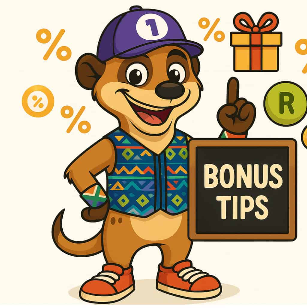 Lucky the Meerkat wearing a colorful vest and purple cap, holding up one finger and standing next to a chalkboard that says "Bonus Tips", surrounded by symbols like a gift box, percentage signs, and South African Rand coins. Types of betting bonuses South Africa