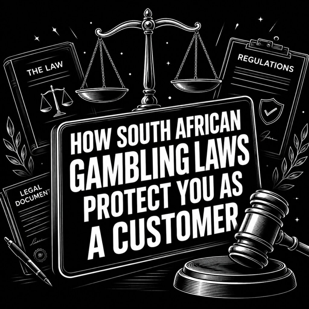 Illustration of gavels, scales and legal documents with text that reads how south african gambling laws protect you as a customer