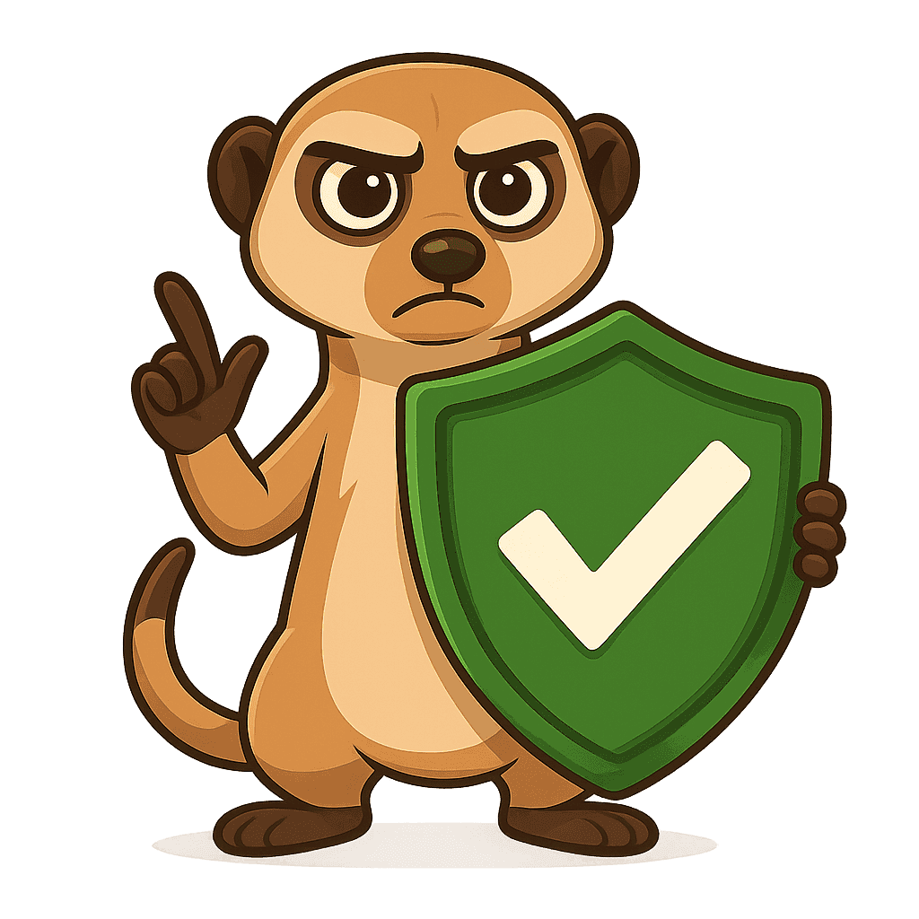 Lucky the meerkat holding a shield with a checkmark, symbolising responsible gambling  guidesSouth Africa