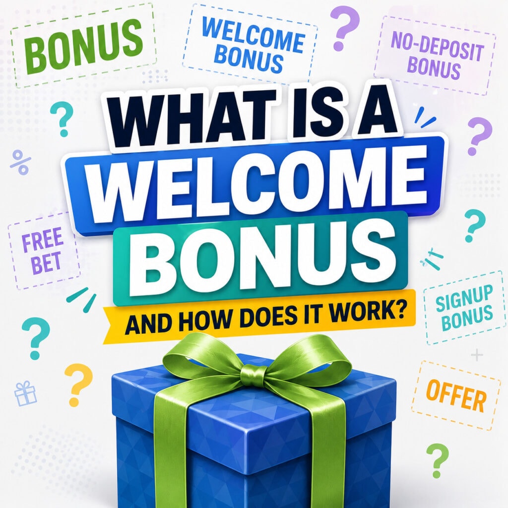 Welcome bonus betting graphic with gift box and promotional offers explaining how welcome bonuses work.