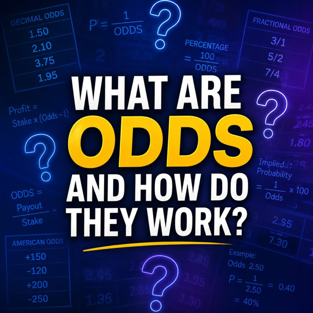 What are odds and how do they work infographic showing betting odds calculations, implied probability formulas, decimal odds examples and question marks.