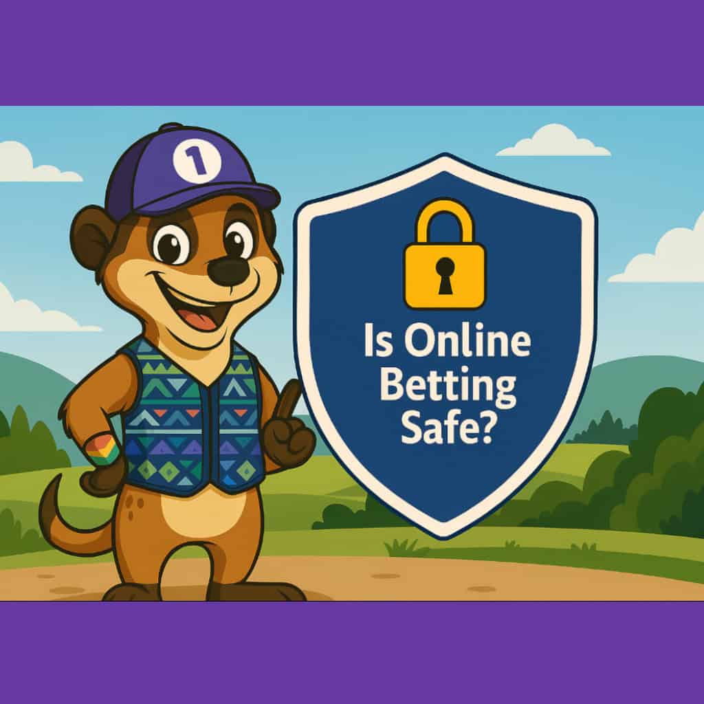 Lucky the meerkat pointing at a safety shield that says “Is Online Betting Safe?” – cartoon image for online betting safety in South Africa