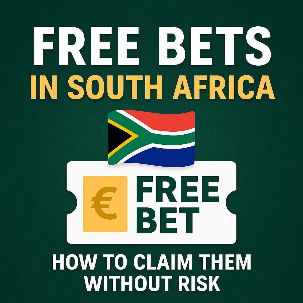 Promotional graphic showing free bets in South Africa being claimed safely, with betting icons, mobile devices, and the South African flag in the background.
