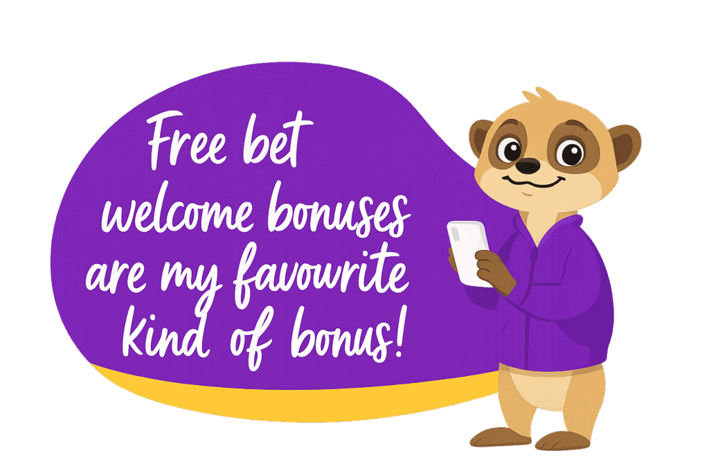 Lucky the Meerkat holding a phone beside text saying “Free bet welcome bonuses are my favourite kind of bonus!” on a purple background.
