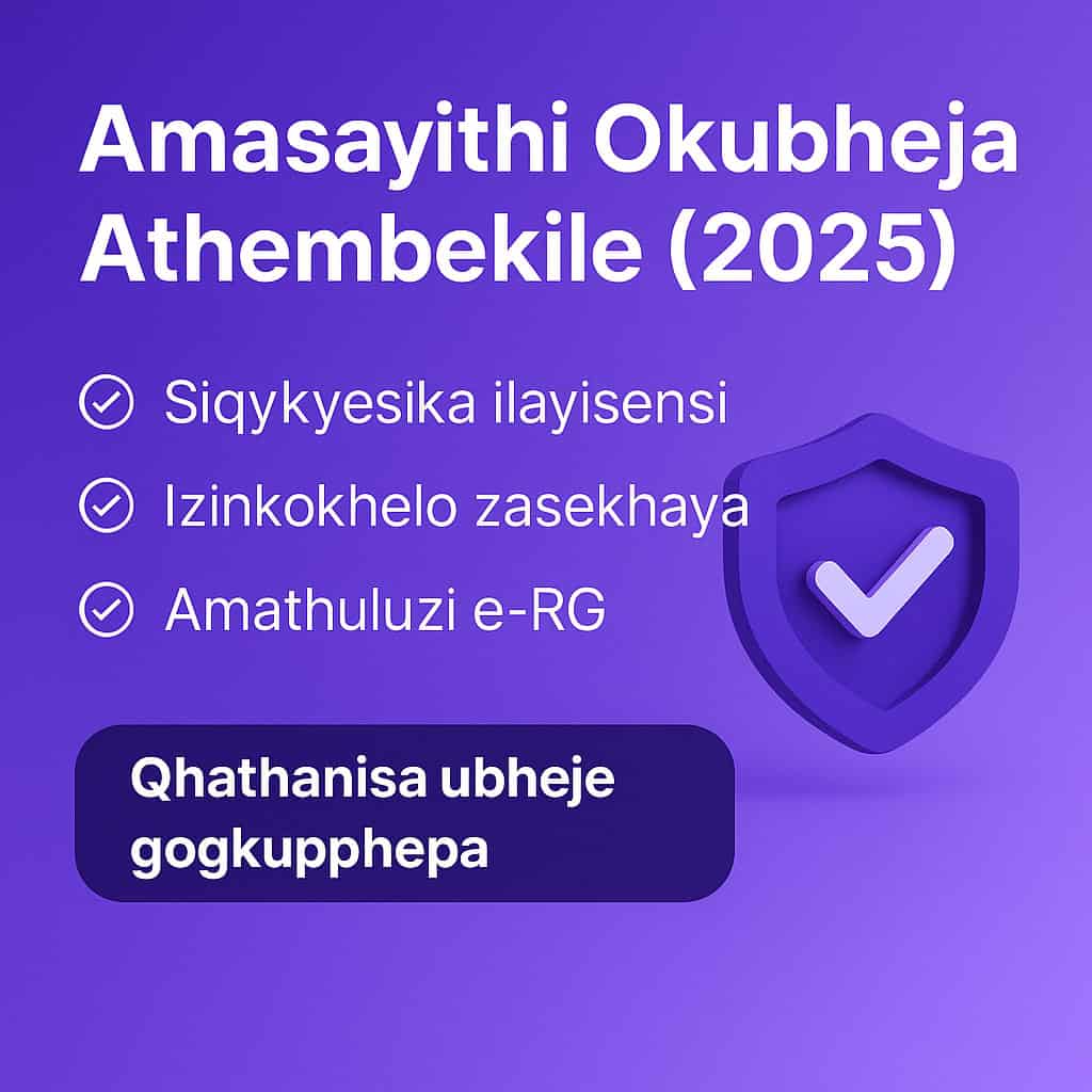 Amasayithi Okubheja Athembekile (2025) infographic showing verified licence, local payments, responsible gambling tools, and a compare betting safely button on a purple background.