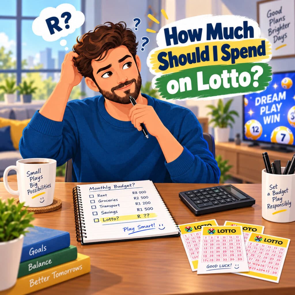 illustration of man wondering how much should i spend on lotto