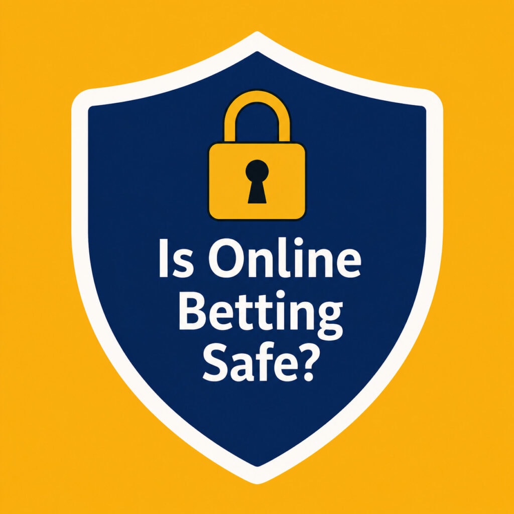 Is Online Betting Safe shield graphic showing a security lock symbol representing betting site safety, licensing and player protection in South Africa.