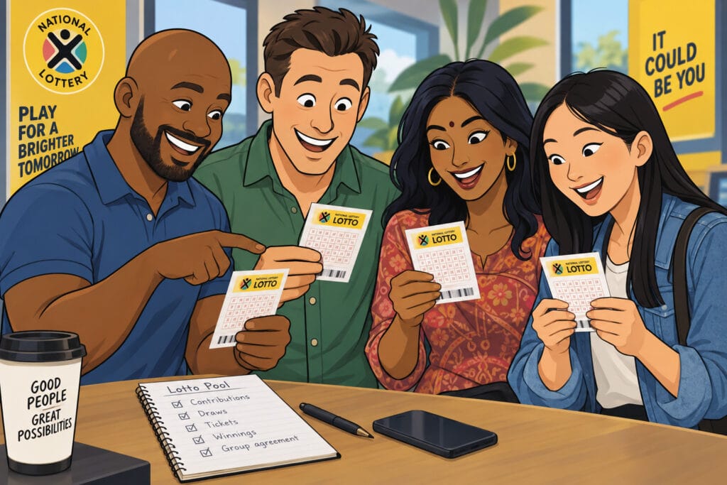 lotto pools playing in a group illustration