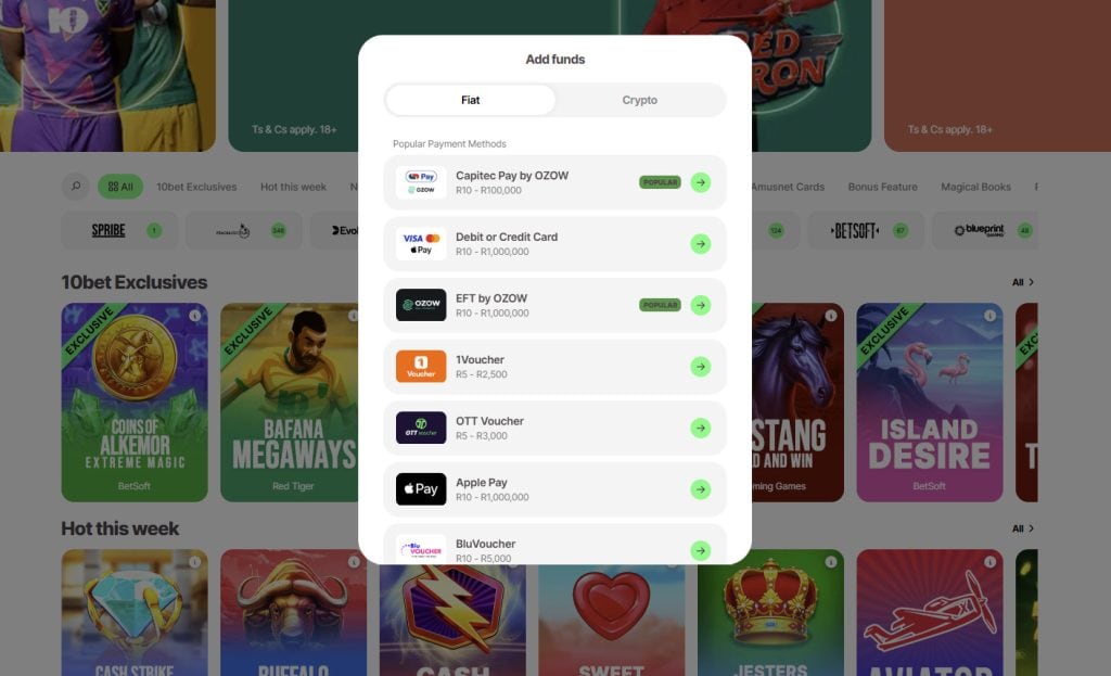 10bet South Africa deposits and withdrawals example