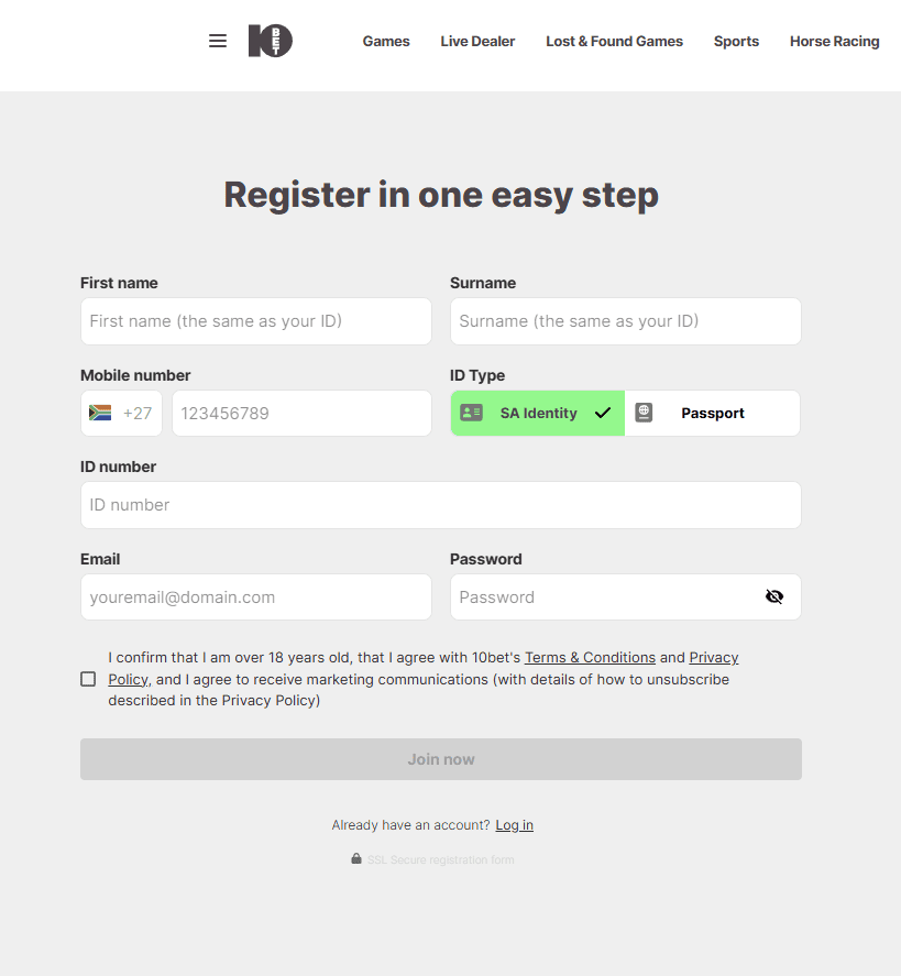 10bet South Africa registration example