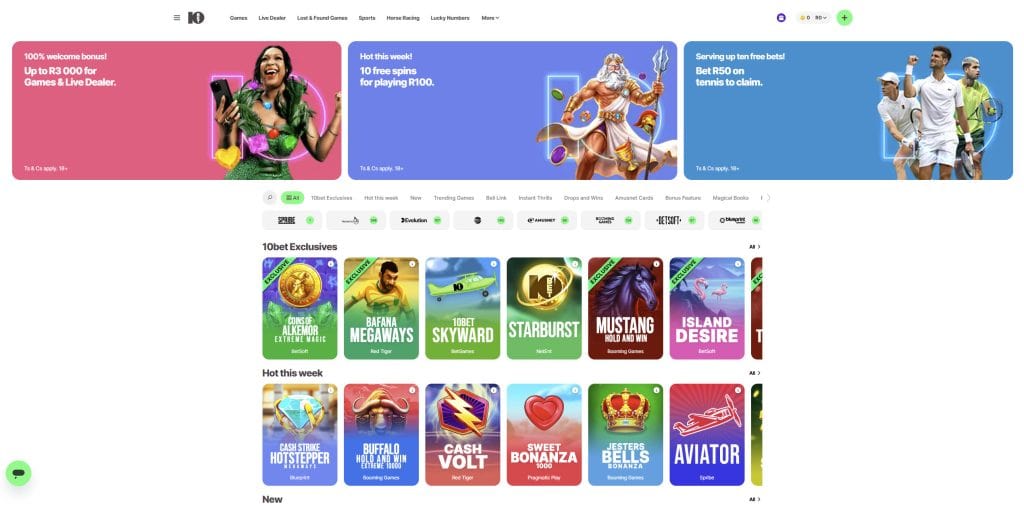 10bet South Africa user experience desktop example