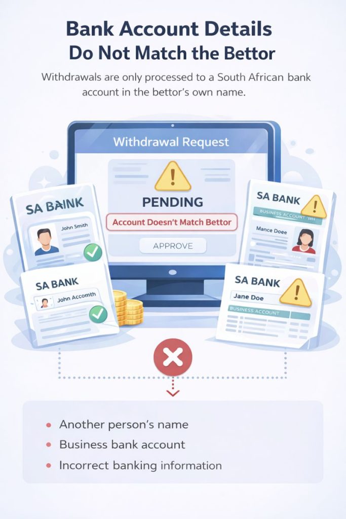 llustration showing a betting site withdrawal delayed because bank account details do not match the bettor’s name in South Africa.