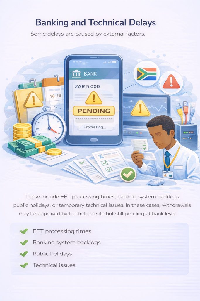 llustration showing a betting site withdrawal delayed due to banking or technical issues, such as EFT processing times or bank system backlogs in South Africa.