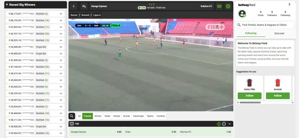 Betway South Africa live betting stream example