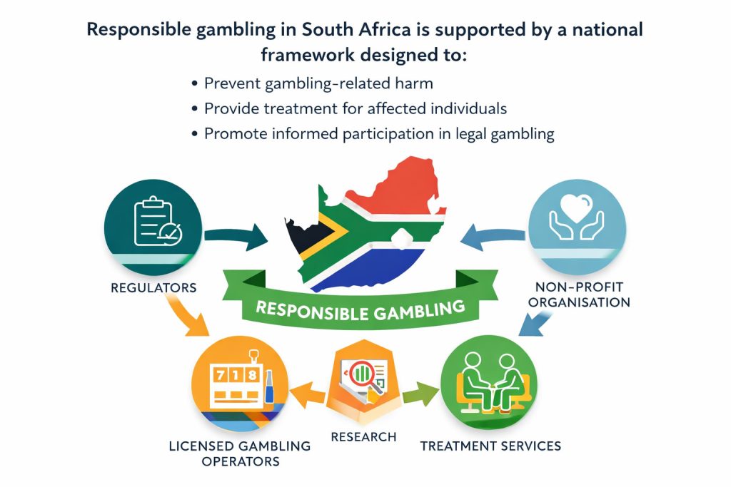 Diagram showing South Africa’s responsible gambling framework, including regulators, licensed gambling operators, a non-profit organisation, and treatment, research, and education services.