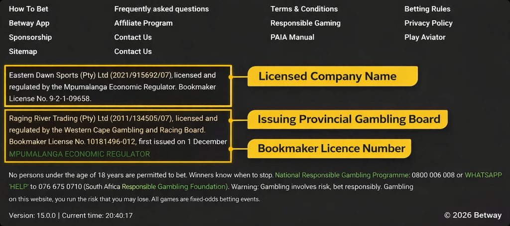 South African betting site footer displaying licence and company information.
