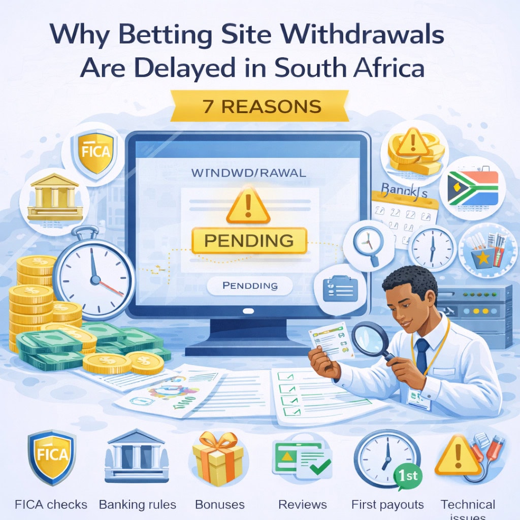 Why Betting Site Withdrawals Are Delayed in South Africa illustrated with common reasons such as FICA checks, banking rules, bonuses, reviews, and payout delays.