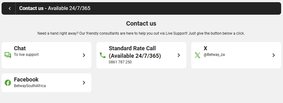 Betway South Africa example of the contact section on the betway website