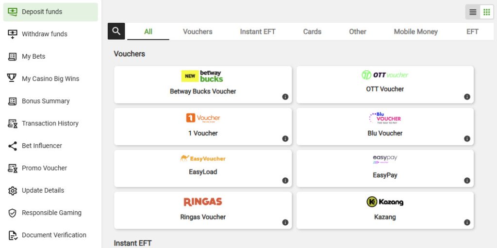 Betway South Africa a screen shot showing deposits and withdrawals section on betway